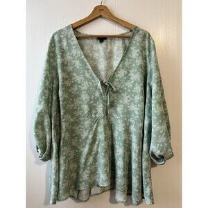 Torrid Top Womens 2X Hi Low Waist Tie Front Lacey Floral Granite Green